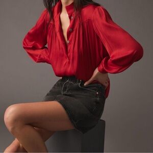 ANTHROPOLOGIE Red Long Sleeve Popover Pleat Blouse